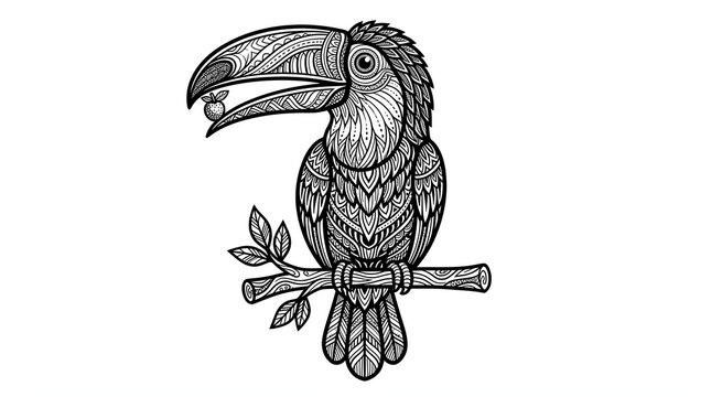 Toucan bird illustration featuring intricate zentangle patterns and fine line art details perched on a branch isolated on white background for creative adult coloring books