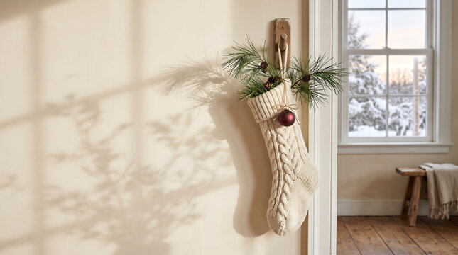 Cozy winter scene with a knitted stocking and snowy landscape through a window