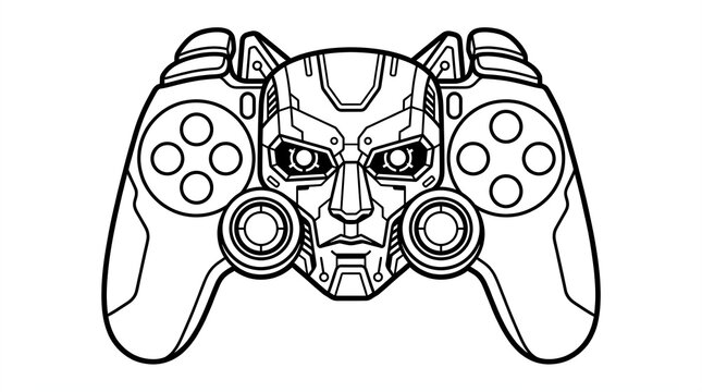 Futuristic gaming controller designed with robotic facial features integrated into the central body section creating a unique black and white graphic illustration for modern entertainment enthusiasts
