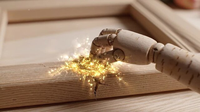 Wooden mannequin hand places shiny bow over cracked timber frame, releasing magical glowing particles during gentle repair process that brings warm craftsmanship and creative restoration.