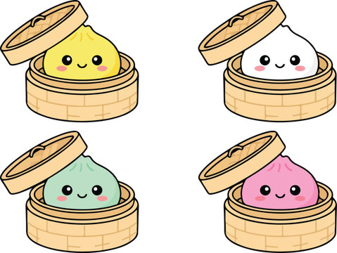 Cute kawaii dim sum dumplings in bamboo steamer baskets with dumpling delicious character