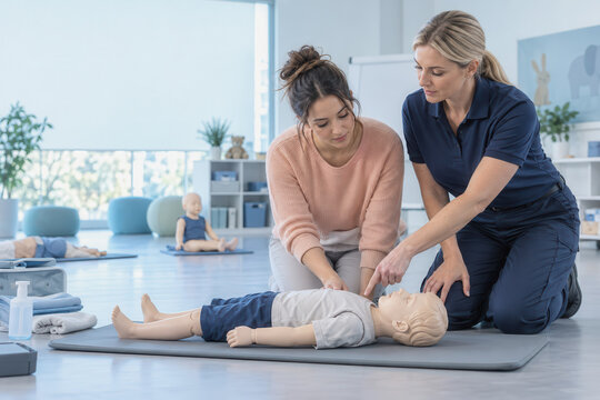 Pediatric first aid training workshop with instructor demonstrating cpr on mannequin