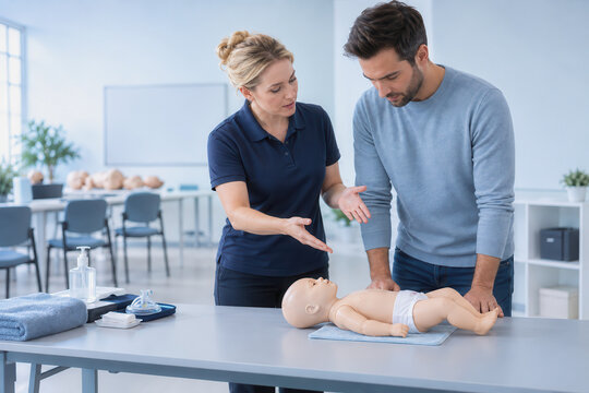 Infant CPR manikin on table during pediatric first aid training course with instructor and father