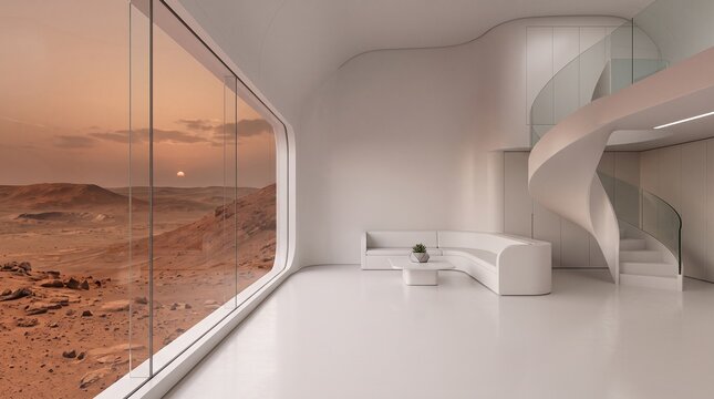 Futuristic Mars base living room with a minimal white interior and scenic view of the red planet landscape perfect for website hero headers, space exploration presentations and tech blogs