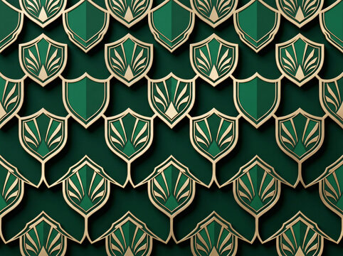 Elegant emerald green and gold art deco shield pattern background.