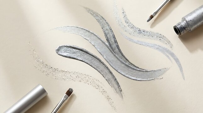 Silver cosmetic cream smears with makeup brushes and tubes on a clean surface for beauty advertising. silver sparkle eyeliner