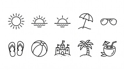 Obraz premium Minimalist summer travel line icons set for vacation and beach holiday