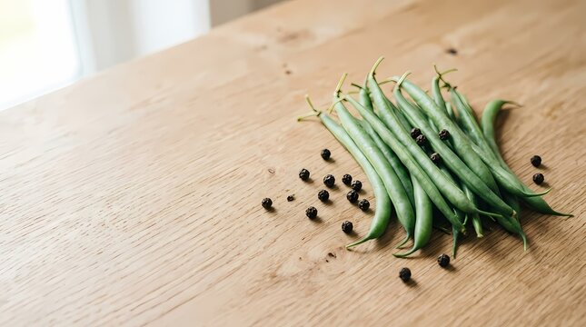 Fresh green beans and black peppercorns, raw organic vegetables on a wooden kitchen table