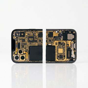 Cross section of a modern mobile phone split in half showing internal motherboard, microchip processor, camera sensors, and microelectronics on a reflective white background.