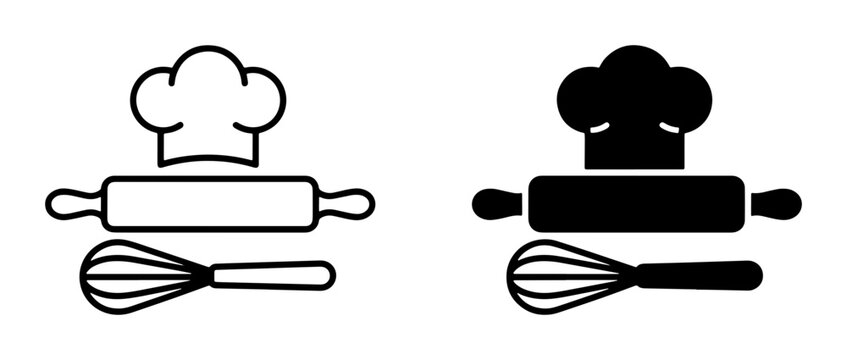 Chef hat, rolling pin and whisk icon for cooking