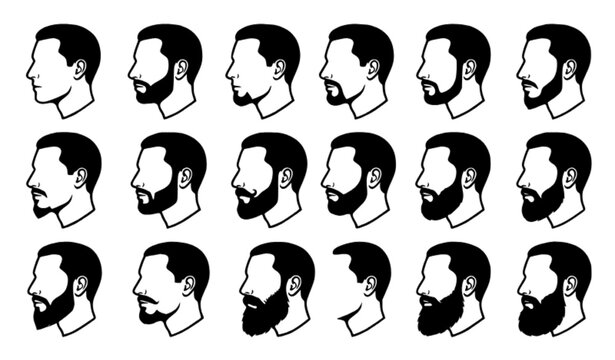 Men&rsquo;s Beard and Mustache Side Profile Silhouette Vector Collection with Diverse Facial Hair Styles Isolated on White Background