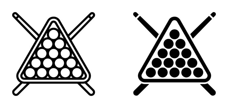 Billiard balls rack and cues icons set for pool game and sports