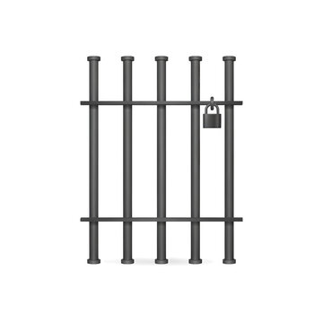 Metal prison bars with padlock during confinement concept isolated on transparent background