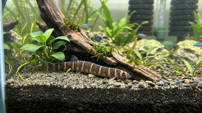 Kuhli loach fish in freshwater aquarium, striped freshwater fish, underwater aquatic pet
