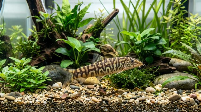 Freshwater aquarium loach fish, patterned loach in planted tank, underwater aquatic life