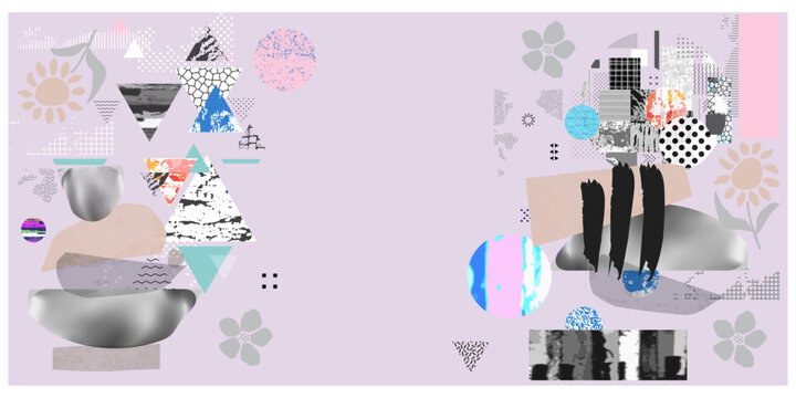 Abstract mixed media collage background with handmade torn paper textures geometric shapes and botanical line art