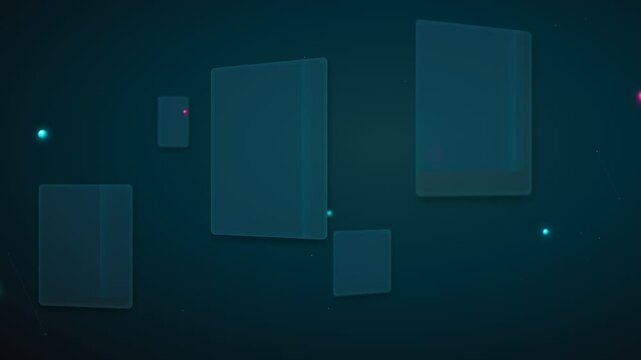 Seamless loop 3D animation of glowing translucent glass cards and rectangles floating on a dark background