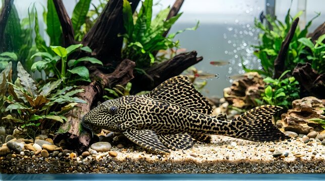 Plecostomus fish in freshwater aquarium, spotted pleco swimming in planted fish tank