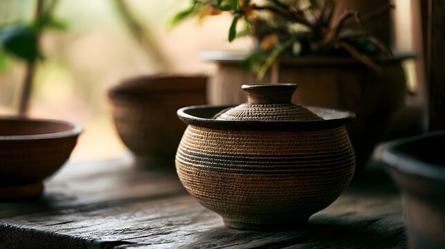 A traditional woven ceramic pot with lid sits on a wooden surface  surrounded by other rustic pottery and blurred greenery in soft natural light