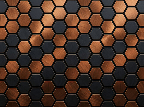 Abstract background featuring a repeating pattern of copper and dark grey hexagonal tiles.