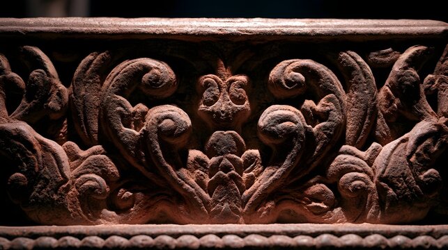 An intricately carved stone frieze with swirling acanthus leaves and central floral motif  illuminated by warm directional lighting