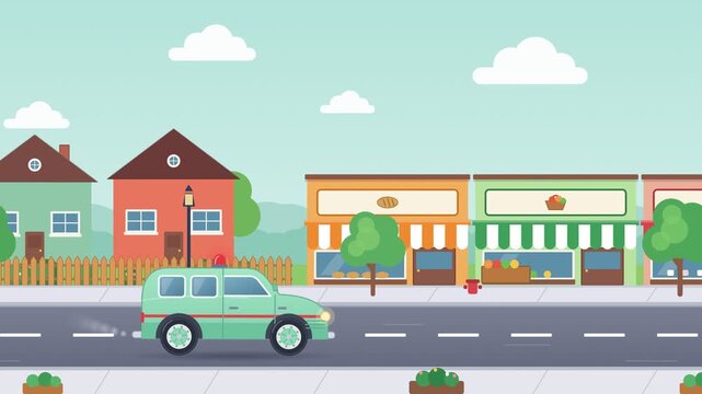 Flat 2D animation of a green medical ambulance driving on a suburban road with colorful houses and shops in a seamless loop