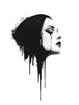 Graphic black and white illustration of the Virgin Mary with black hair, featuring a gothic and austere expression.