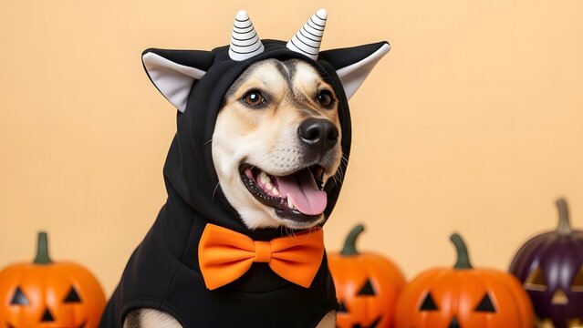 Dog in devil costume and orange bowtie with halloween pumpkins