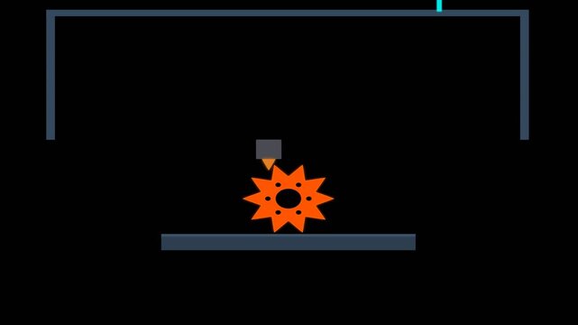 Flat 2D animation of an automated 3D printer creating a gear with a robotic scanner performing a quality control check on a dark background in a seamless loop