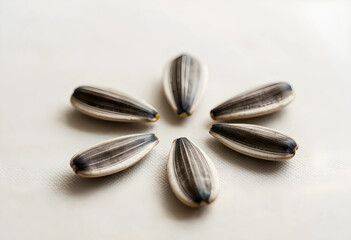 Fototapeta premium Healthy nutrition and organic food concept, sunflower seeds arranged in a flower shape on a neutral textured background for culinary and diet themes
