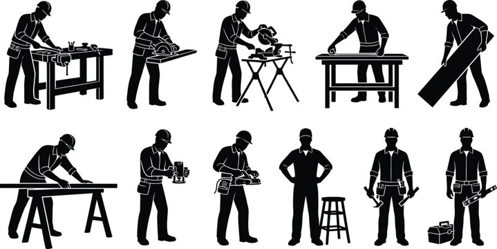 Carpenter and woodworker black silhouettes set working with tools workbenches saws and timber boards isolated on white background