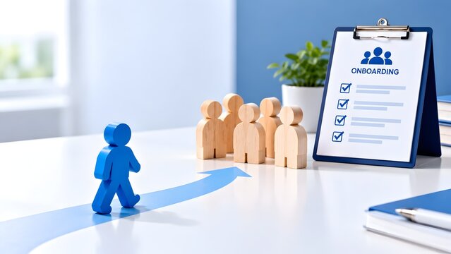 Employee onboarding orientation concept with blue figure walking on arrow towards wooden team and checklist clipboard symbolizing human resources recruitment