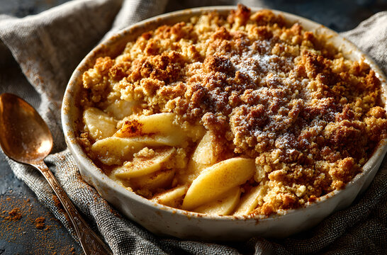 Tasty homemade apple crumble dessert on a plain white surface. Classic apple tart. Top view.