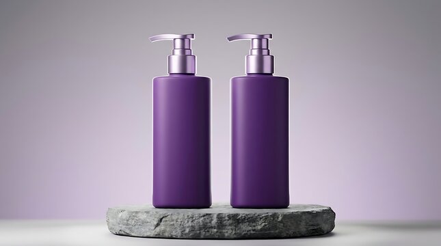 Two purple cosmetic lotion bottles with pump dispenser standing on a natural stone pedestal