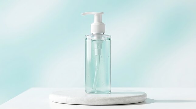 Clear plastic pump bottle with blue liquid soap standing on a round marble stone pedestal