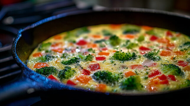 Vegetable frittata with broccoli and tomatoes in a cast iron skillet egg frittata egg dish
