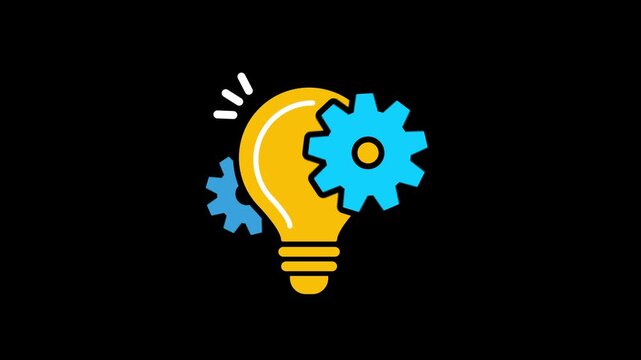Animated lightbulb with gears which represent Innovation and Problem-Solving, Brainstorming and Strategy, Productivity & Optimization on black background. Light bulb and rotating gears icon.