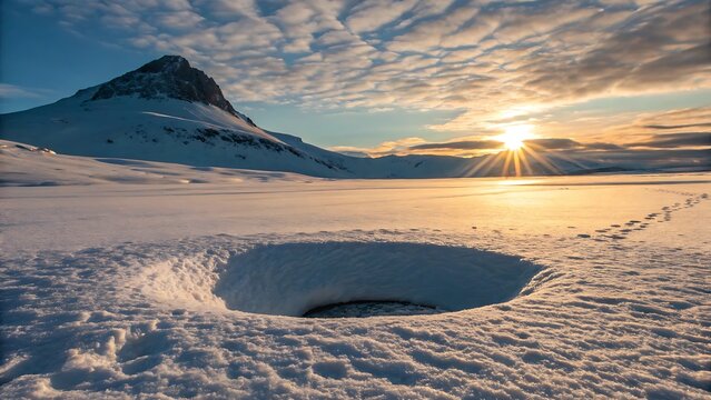 A frozen lake mountain peak and mysterious hole in the snowscape