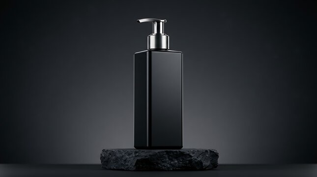 Black square soap dispenser bottle with metal pump on a dark stone podium against grey wall