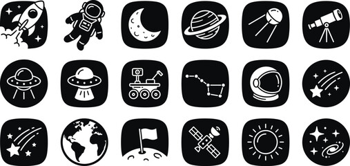 Black Square Astronomy Icon Set with Rocket Astronaut Planet Telescope UFO Satellite and Rover Symbols Vector Silhouette Badges © MstHayatun