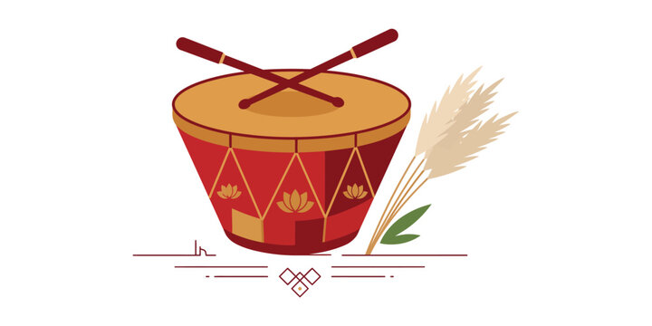 Traditional Indian Dhaak Drum with Kash Phool for Durga Puja Festival Vector Illustration.