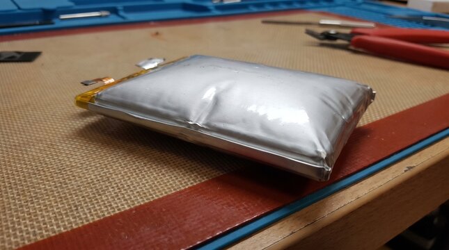Swollen lithium battery cell on a repair mat with tools for