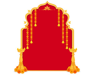 diwali festive arch with traditional diyas, marigold garlands and decorative toran on red background vector illustraion © Heena_Rajput