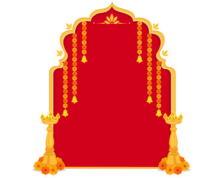 diwali festive arch with traditional diyas, marigold garlands and decorative toran on red background vector illustraion