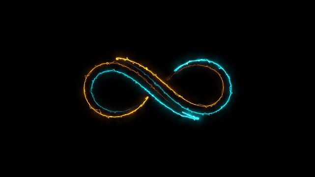 Glowing infinity symbol with orange and blue neon light effects on black background 4k video.