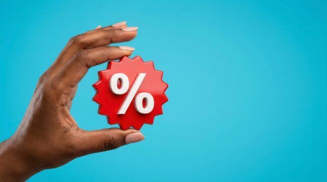 Dark-skinned hand holding a red starburst percentage sign against a vibrant blue background, symbolizing discounts, sales, or financial rates