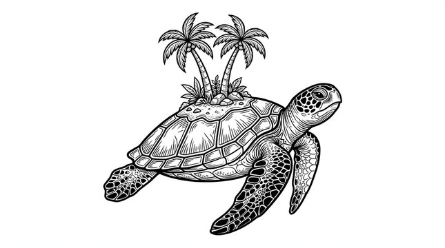 Detailed black and white ink illustration of a majestic sea turtle swimming with small tropical palm trees growing directly on its hard patterned shell surface