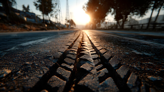 Black tire marks on road, Black rubber tire marks and tread marks, Tire trace track wheels texture and background, Auto tire tread grunge, Car wheel tyre tread track black tyre print.