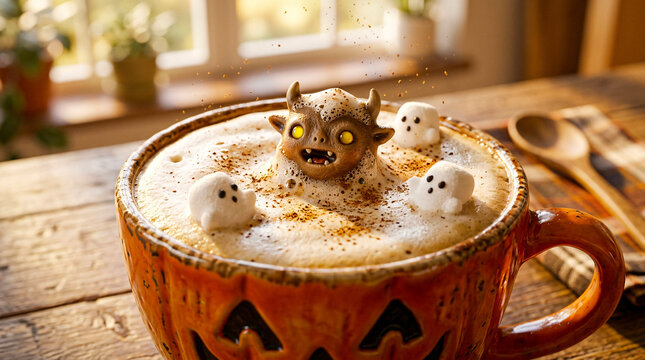 Pumpkin Mug with Monster and Ghost Marshmallows in Frothy Beverage