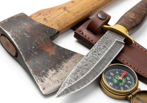 Survival tools axe knife and compass isolated on white background